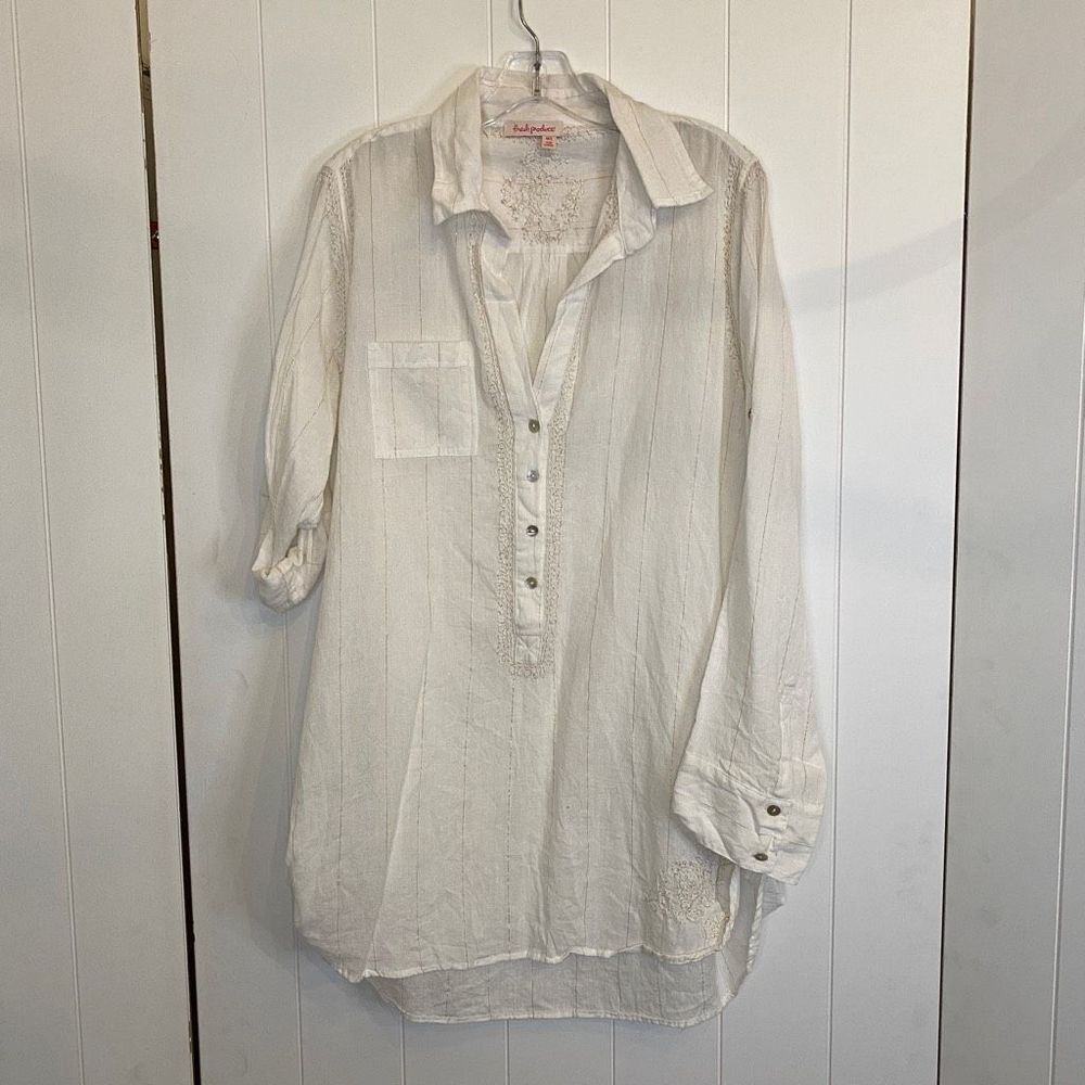 Fresh Produce Long Cotton Embroidered Blouse with Gold Accent Threads Mother of